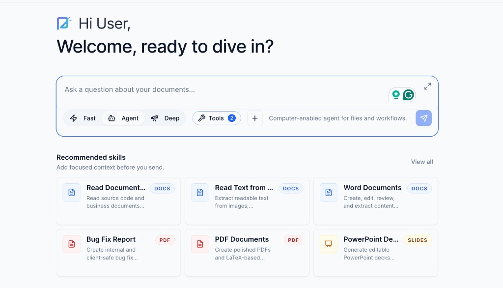 Intelligent Chat Workspace with Fast, Agent, and Deep modes