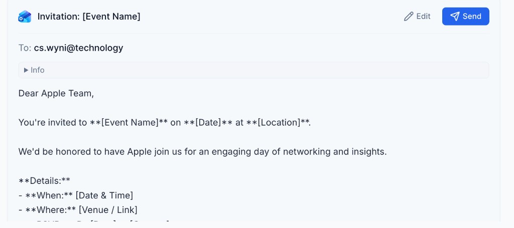 AI-drafted invitation email with Edit and Send review controls